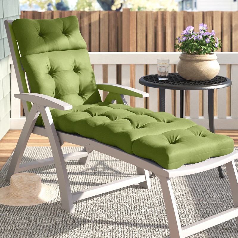 light green waterproof outdoor cushions for chaise lounge tufted surface comfortable padding for adjustable chaises light colorful fabric weather resistant furniture cushions