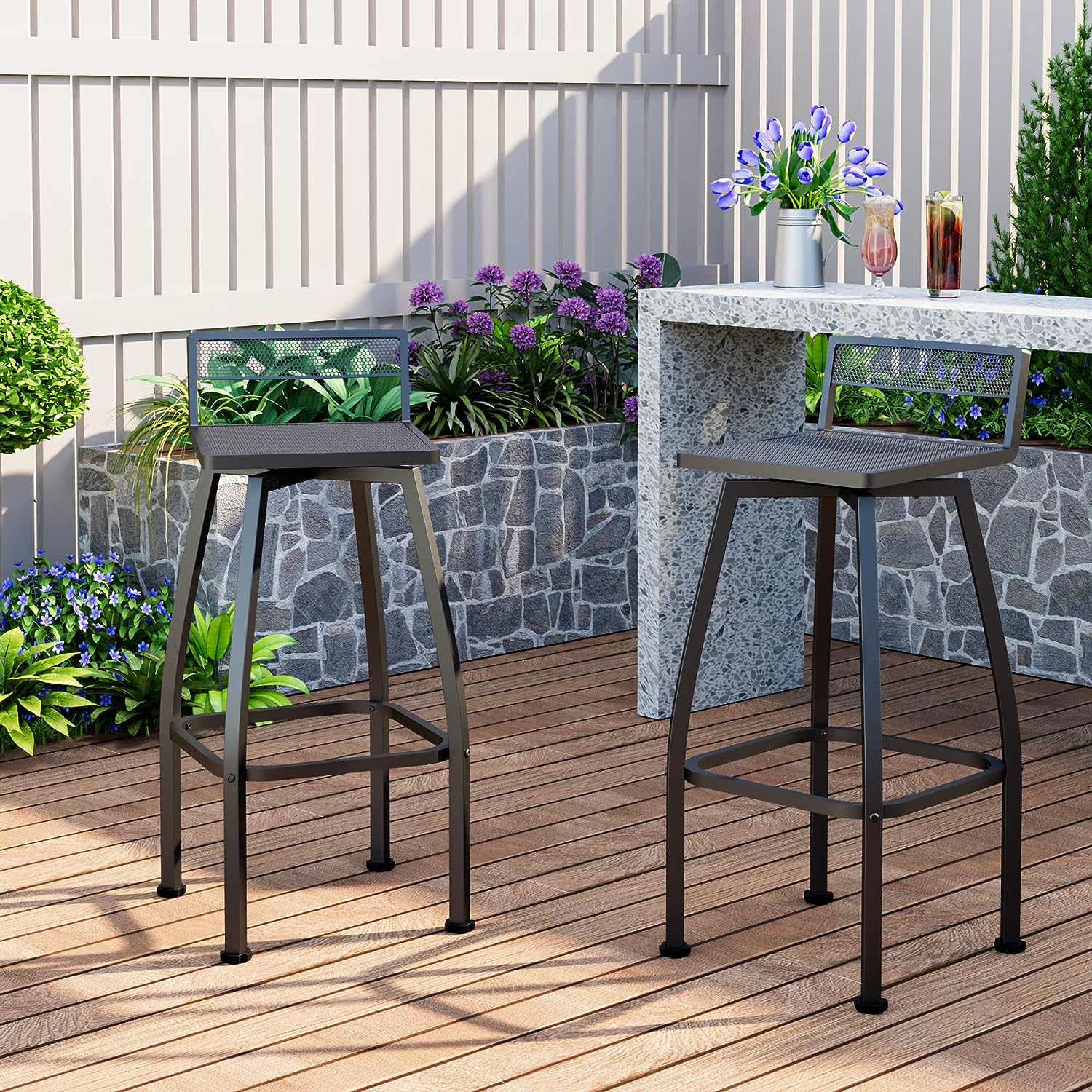 low back outdoor swivel bar stools with lower backrest to fit beneath bar tabletop attractive affordable black metal barstools to use on patio seating arrangement