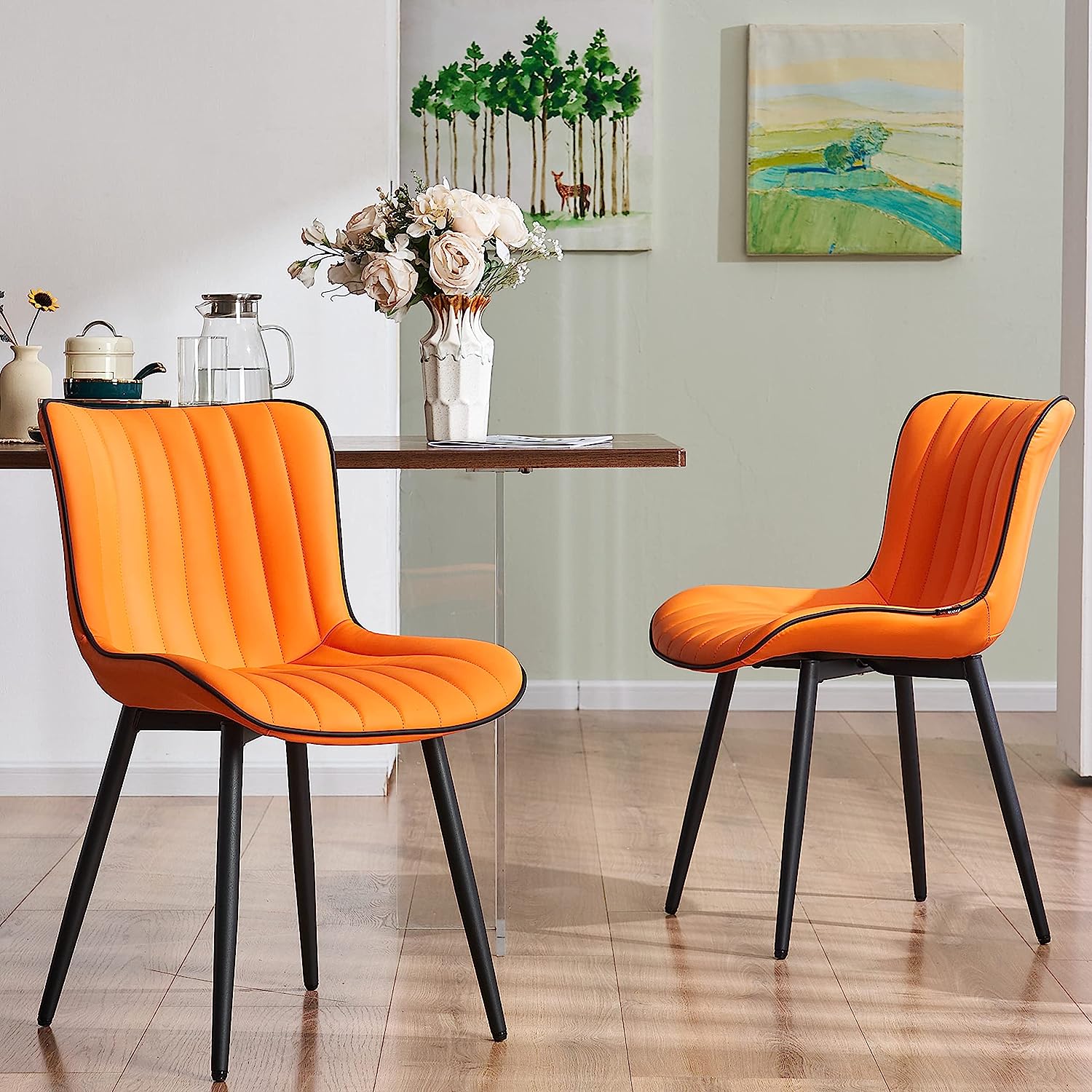 orange leather chairs dining furniture for sale on amazon colorful upholstery channel tufted details contrast piped edges slender black tapered legs modern masculine seats