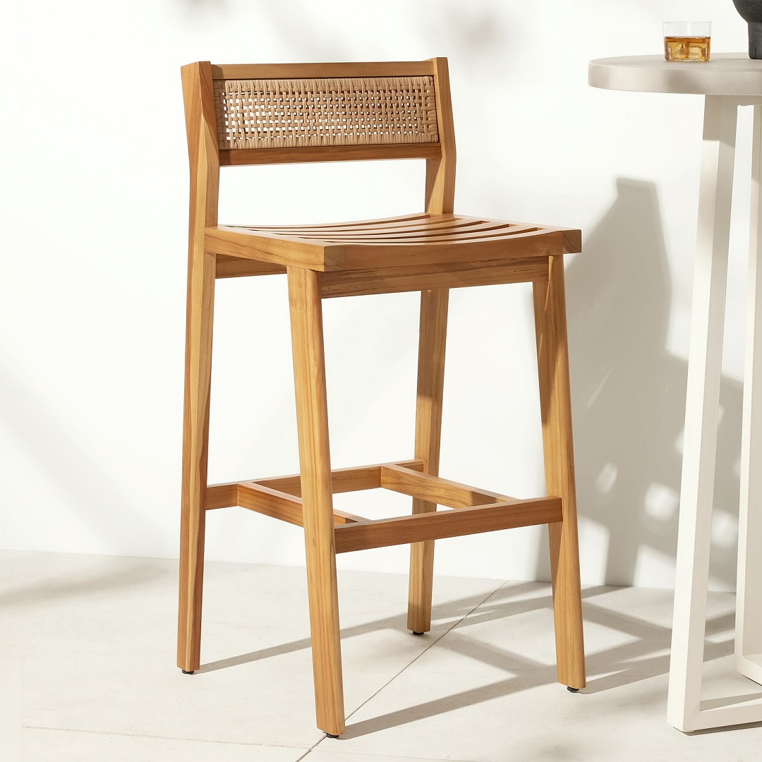 premium quality wood outdoor bar stools with woven cane backrest and slatted saddle seat shape comfortable solid teak barstools for sale online high quality furniture for deck