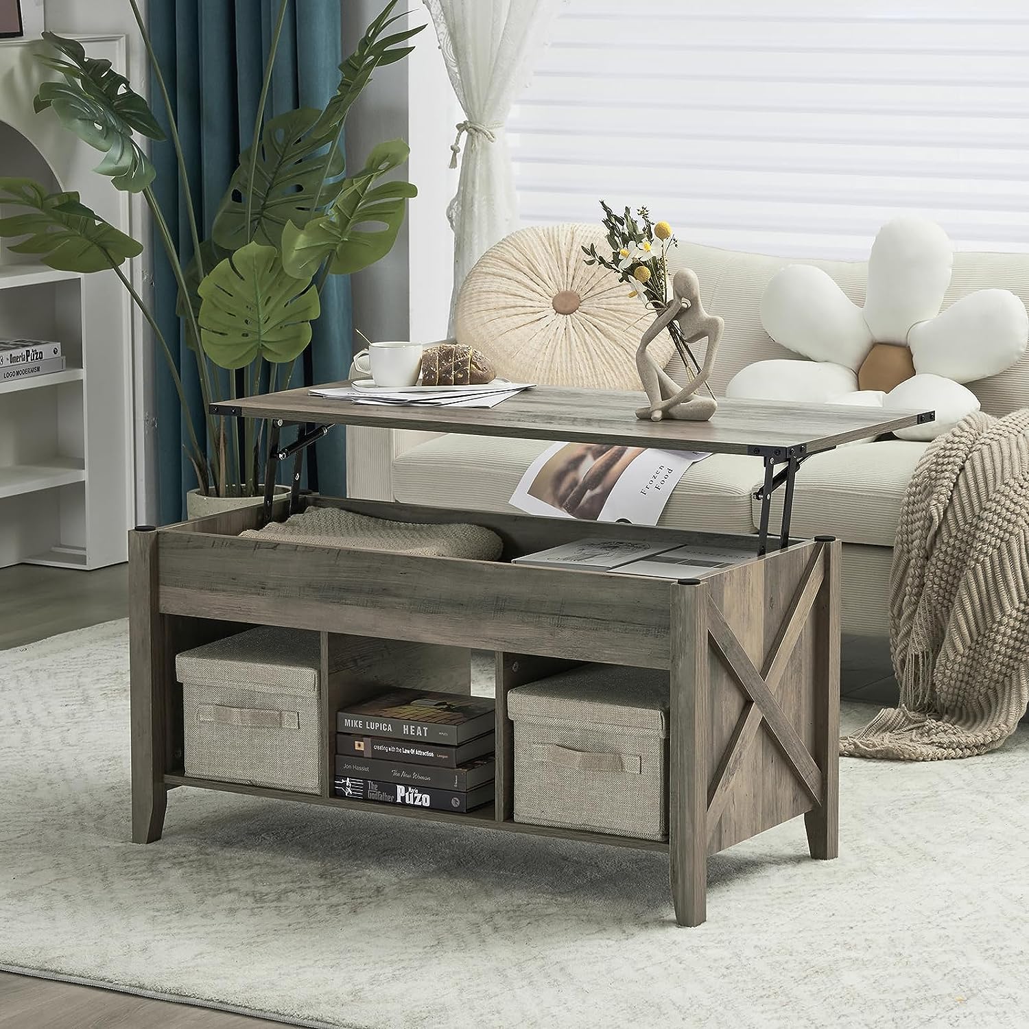 rectangular modern farmhouse coffee table with lift top tabletop with concealed storage space and open cubbies stylish rustic coffee table with space for baskets