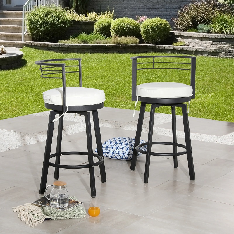 rounded swivel outdoor bar stools with curved backrest metal frame swiveling seat removable tie on white cushions comfortable modern patio barstools for sale cheap