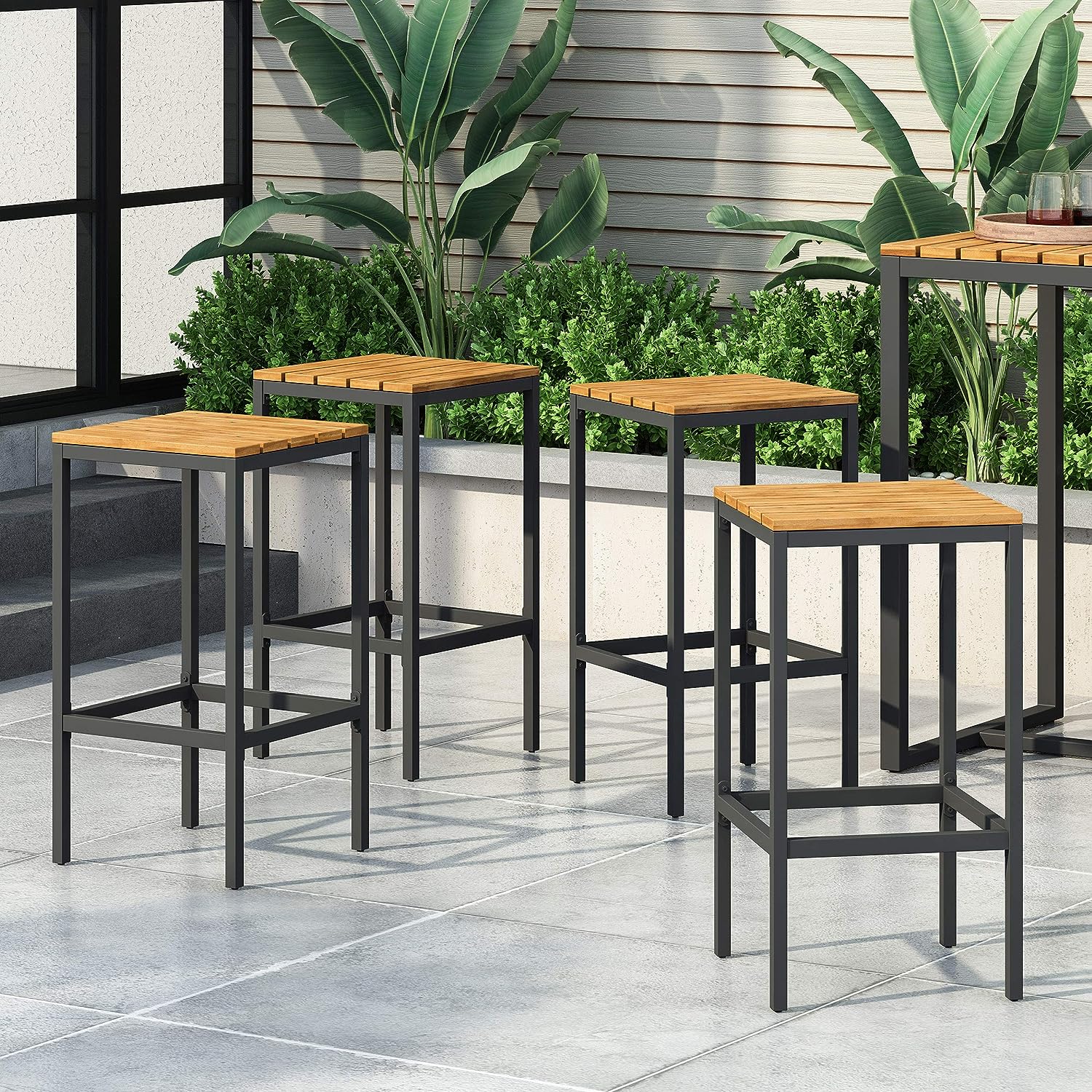 simple cheap outdoor bar stools with black metal base and square wooden slat seat minimalistic affordable patio furniture set for sale online set of four barstools squared