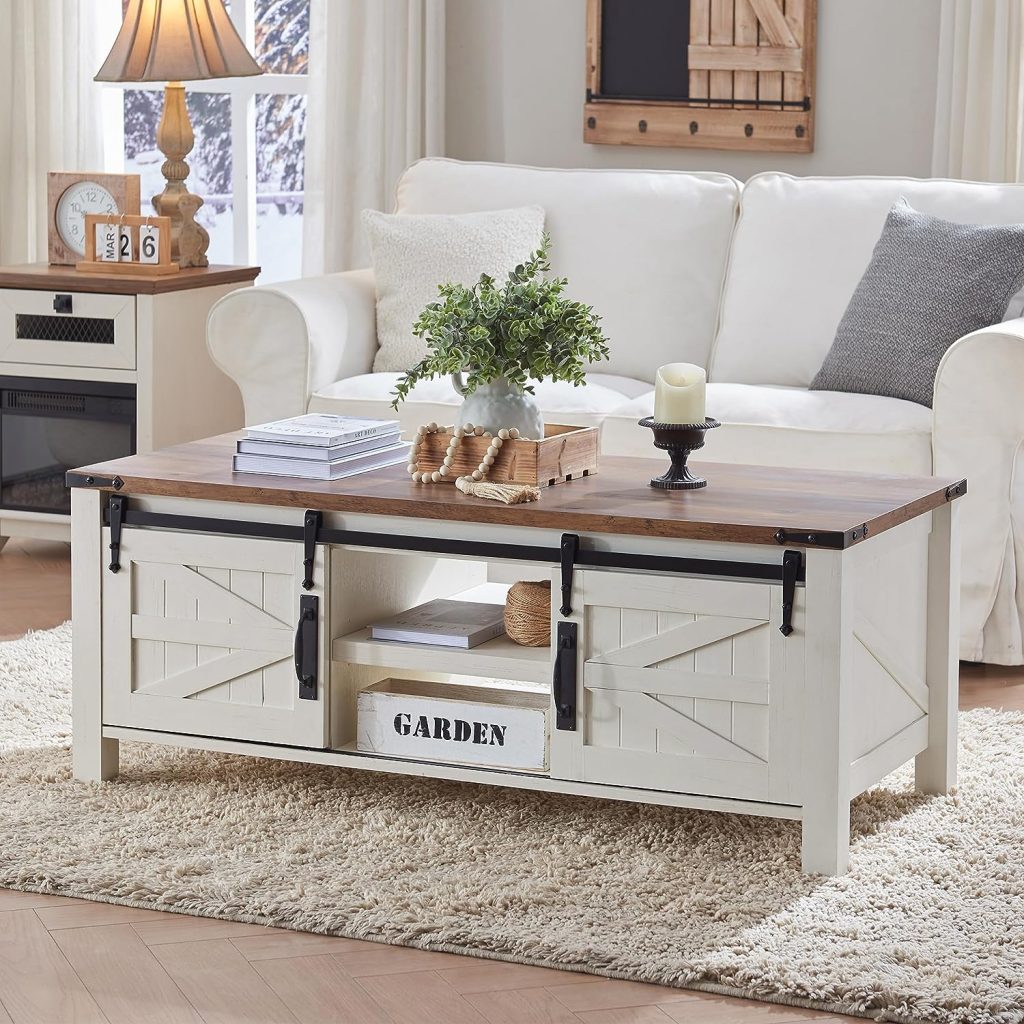 sliding barn door farmhouse coffee table with cabinets and open cubby storage furniture ideas for family living room country style tables with cabinet space