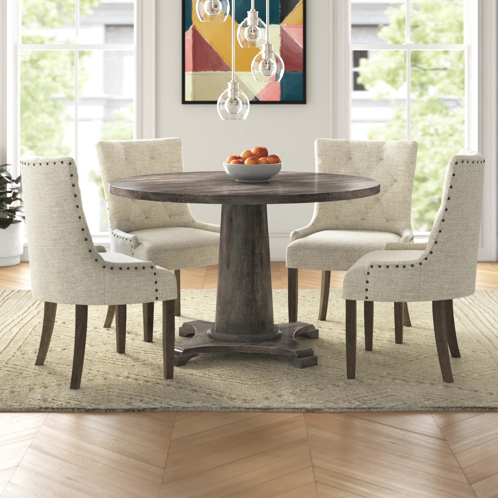 sophisticated farmhouse table and chairs set for sale online high quality solid wood pedestal table with grey wooden finish and upholstered beige linen high back dining chairs