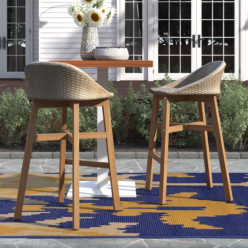 stylish wood and faux rattan wicker outdoor bar stools with rounded low backrest and wooden cross braced base gorgeous attractive seating inspiration for patio barstools