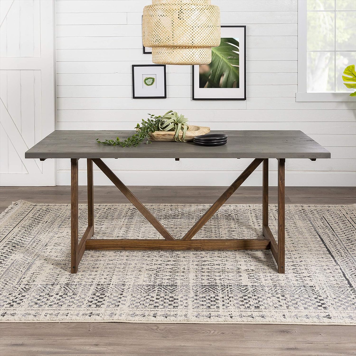 trestle base farmhouse dining table wood with brown base finish and grey tabletop rectangular budget friendly dining table for rustic interior decor theme ideas dining room