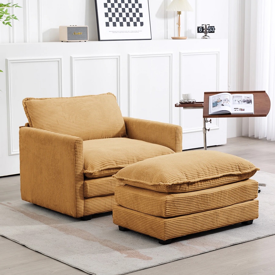 Corduroy reading chair with ottoman