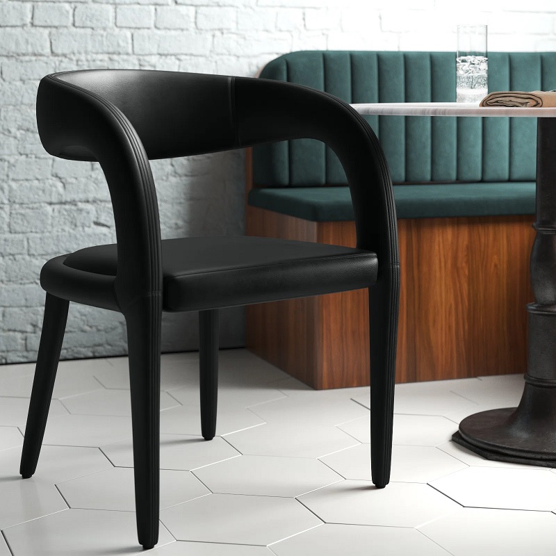 unique black leather modern dining chairs for sale online open backrest curved barrel back construction comfortable all over upholstered dining chairs artistic decor