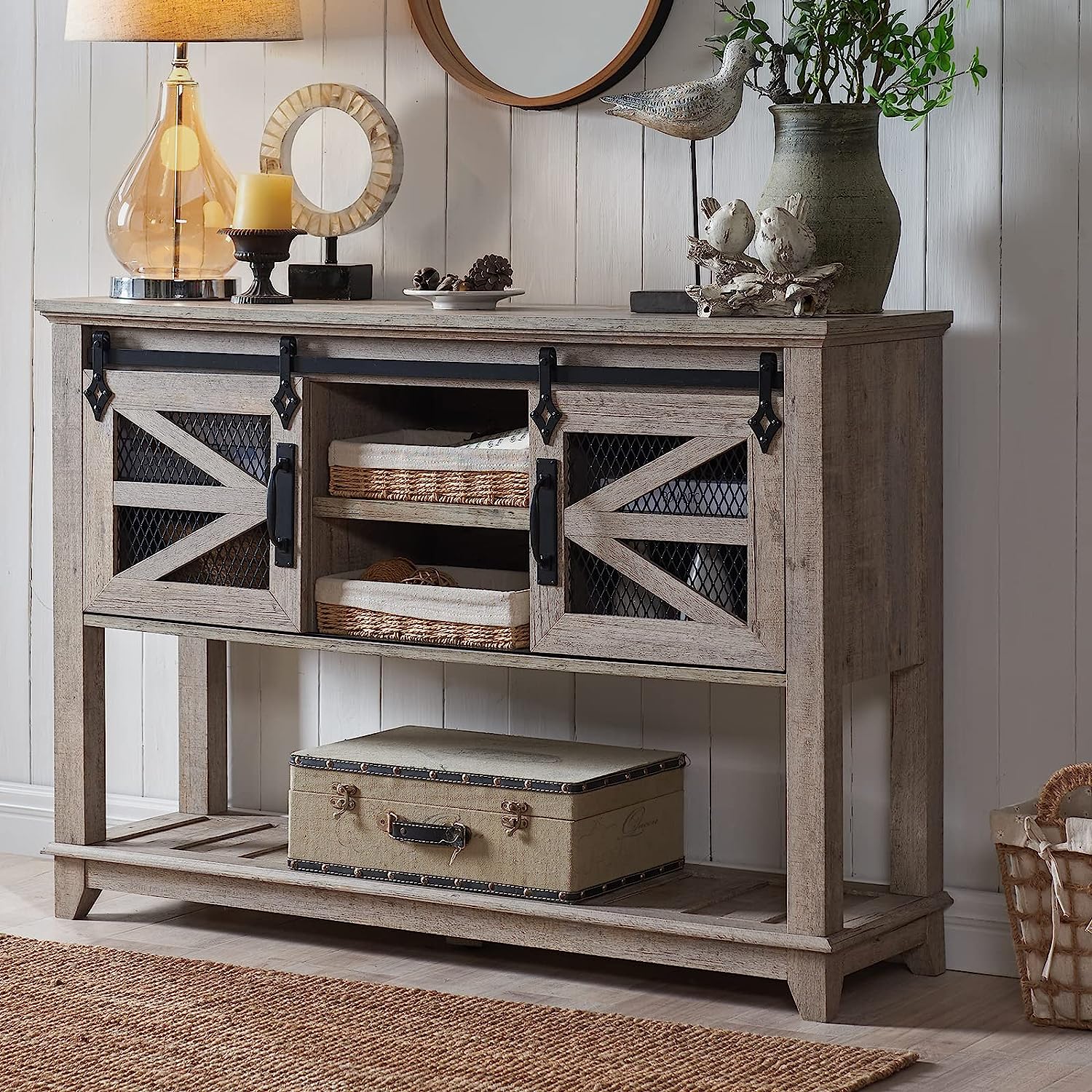 washed grey farmhouse entryway table with sliding barn doors rustic console with black metal details mesh cabinet faces modern farmhouse furniture for sale online affordable