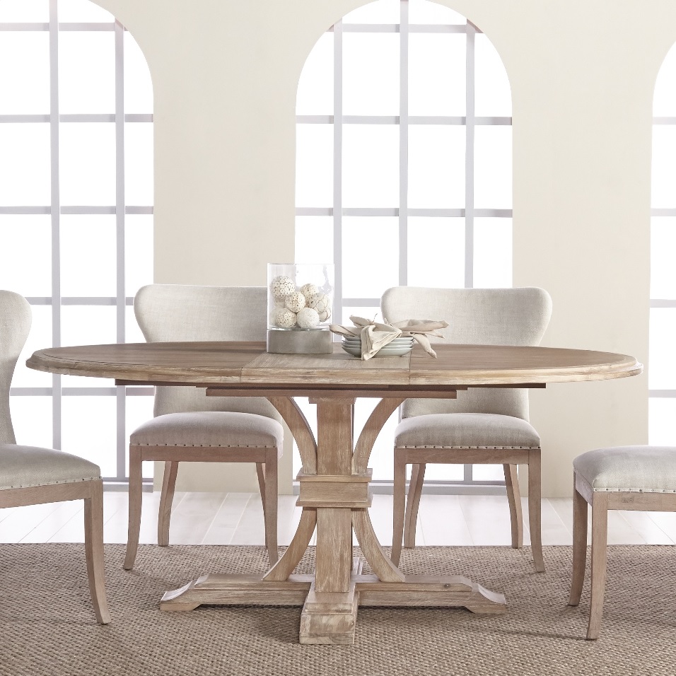 whitewashed rustic farmhouse dining table with architectural wooden pedestal base arched details beautiful solid acacia furniture for sale online high quality heavy rustic table