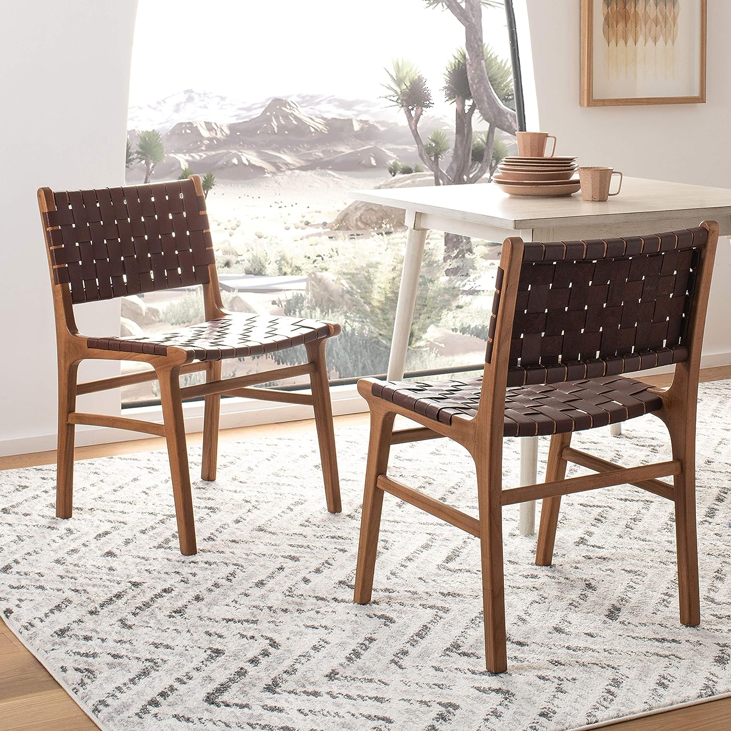 woven leather dining chairs with durable wooden frame stripes of leather upholstery supportive comfort mid century modern seating ideas for dining room decor theme