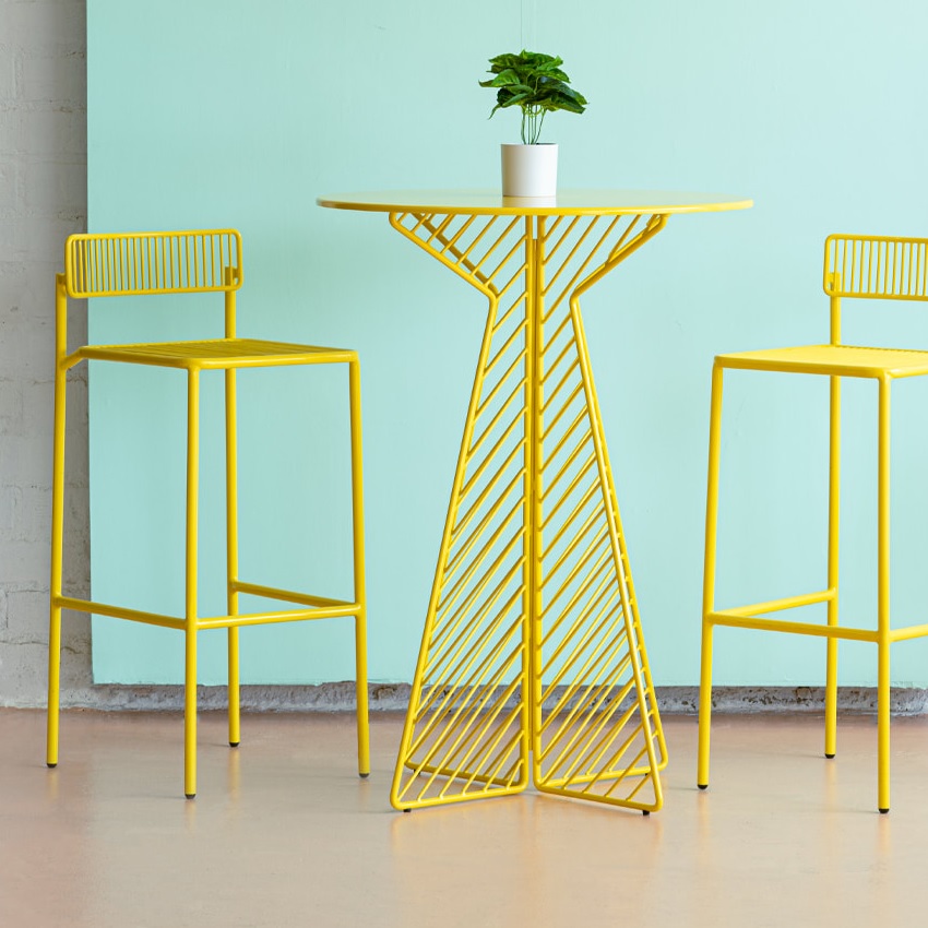 yellow outdoor bar stools made from slender metal wire where to buy Bend Goods Rachel patio barstool for sale online affordable high end designer furniture for balcony bistro