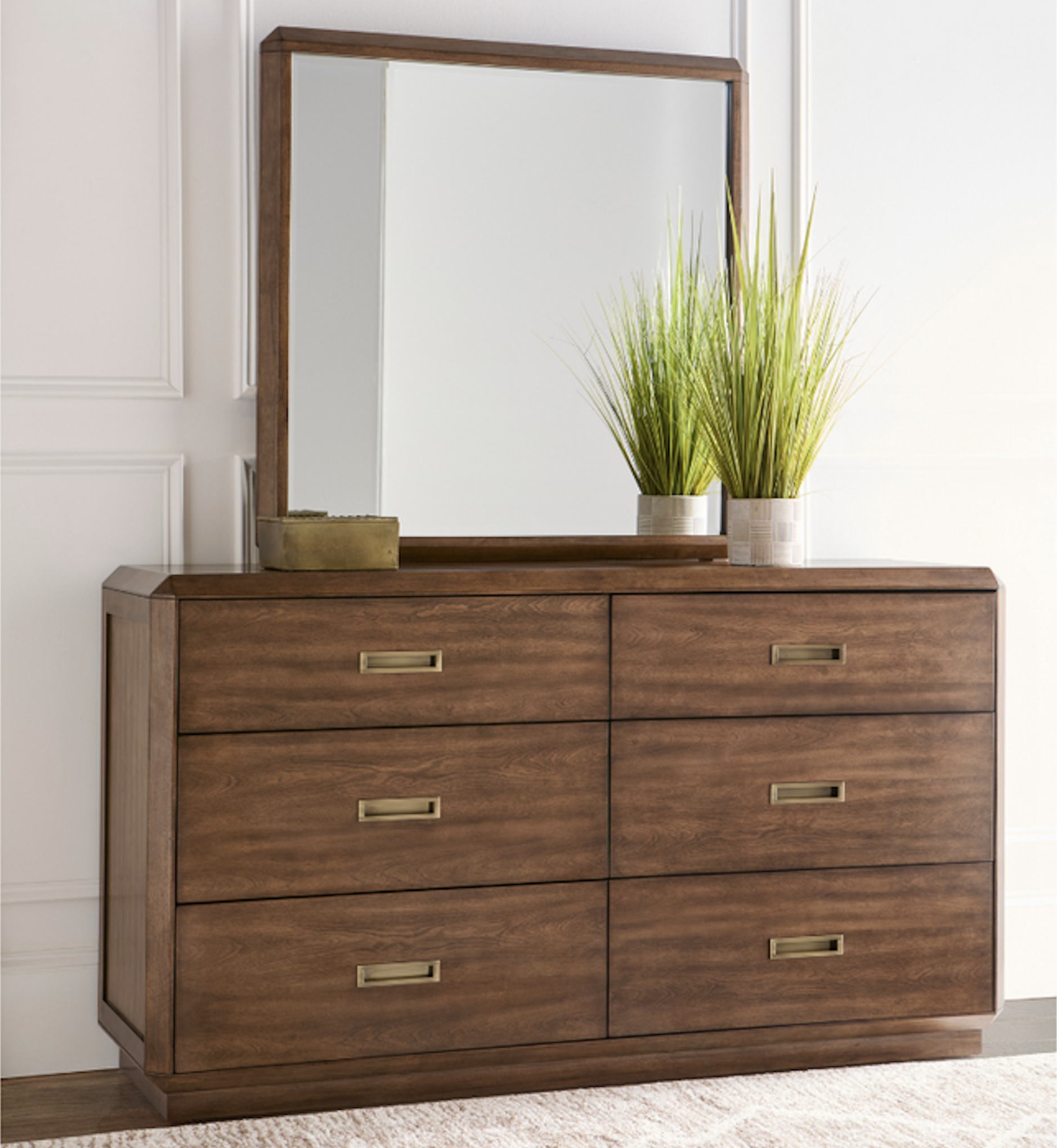 Acacia Wood Dresser With Mirror and Bronze Inlay Hardware