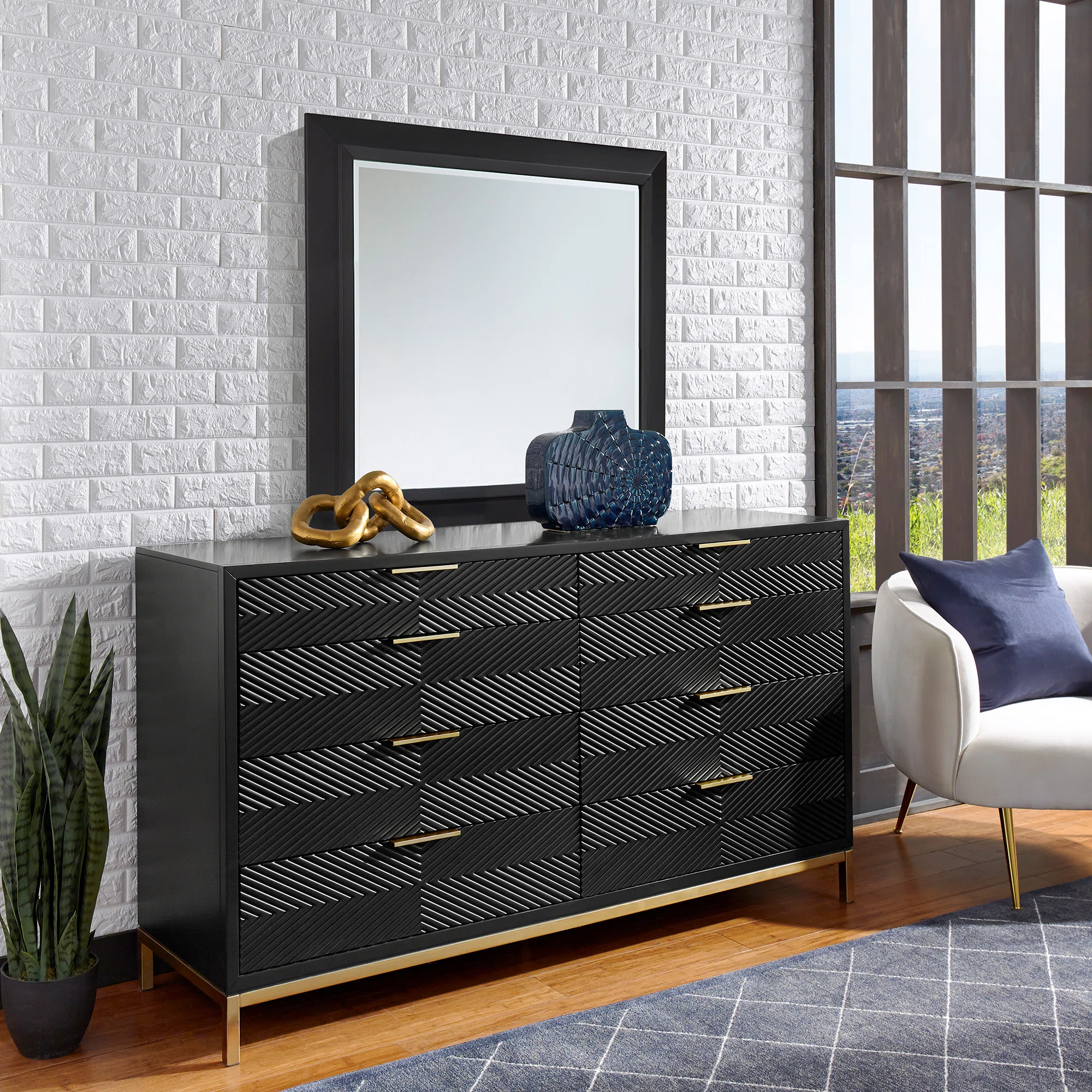 Black 8 Drawer Double Dresser with Mirror