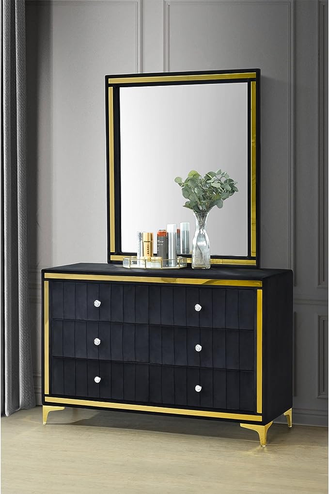 Black and Gold 6 Drawer Dresser with Mirror