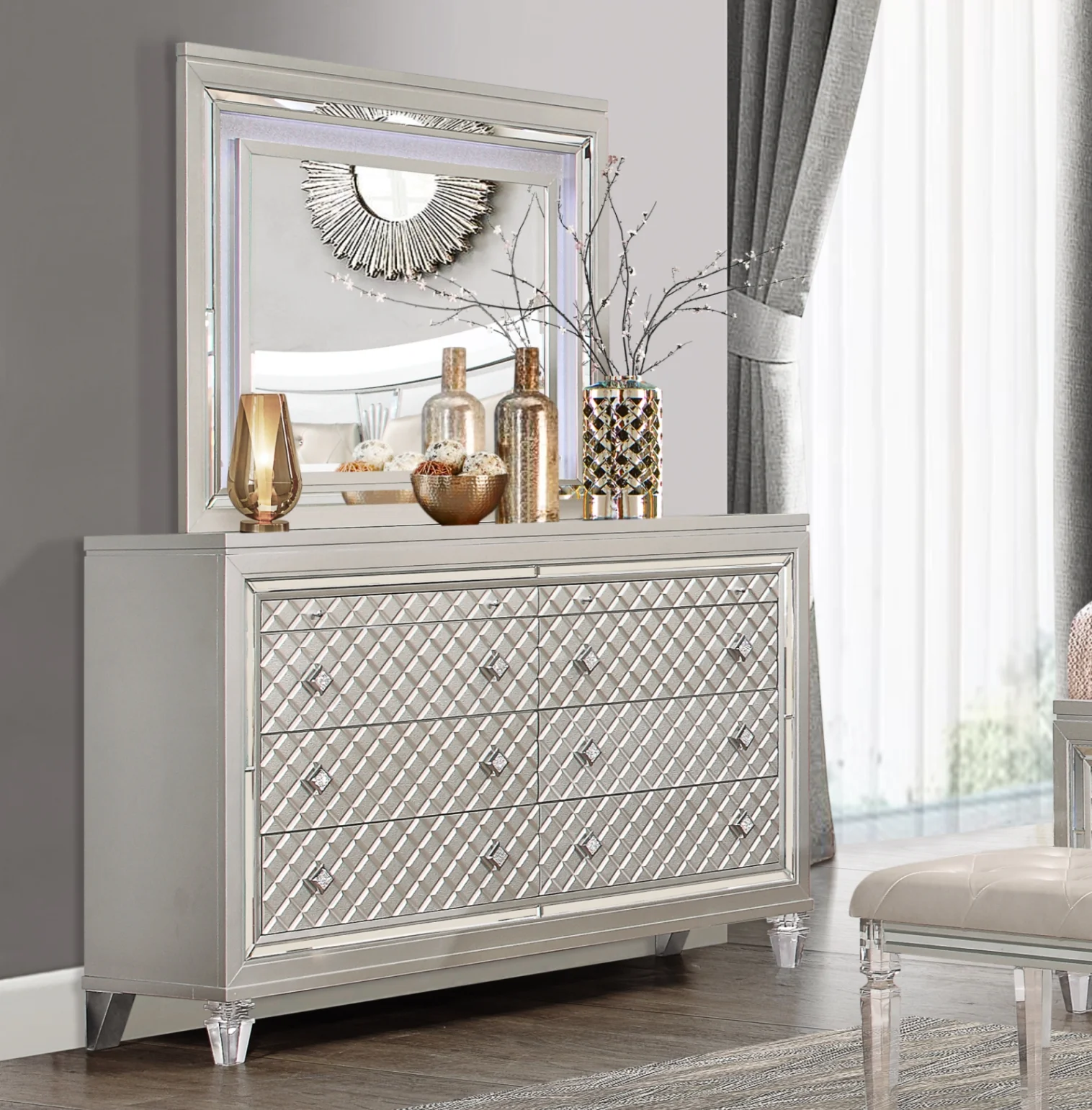 Glamorous 8 Drawer Double Dresser with Mirror