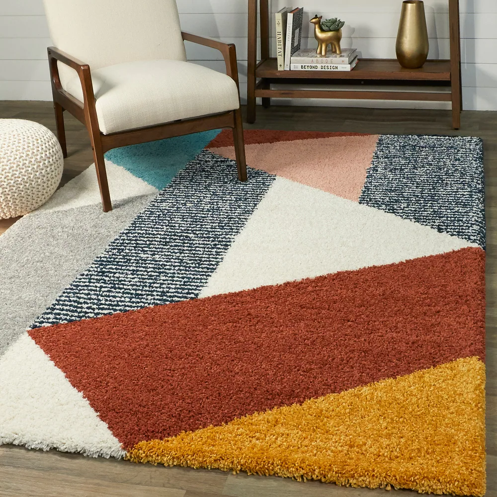 Merril mid century modern color block berber shag area rug for living room bedroom nursery high quality beautiful colorful abstract geometric area rug comfortable