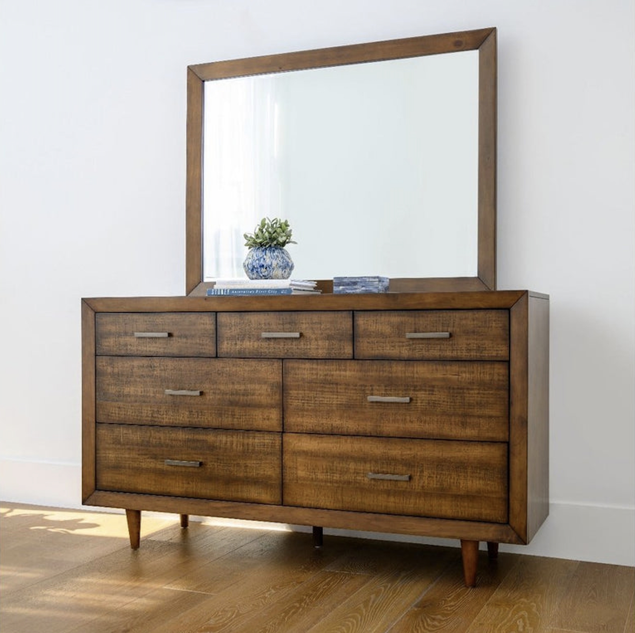 Mid century Modern Wood Dresser and Mirror