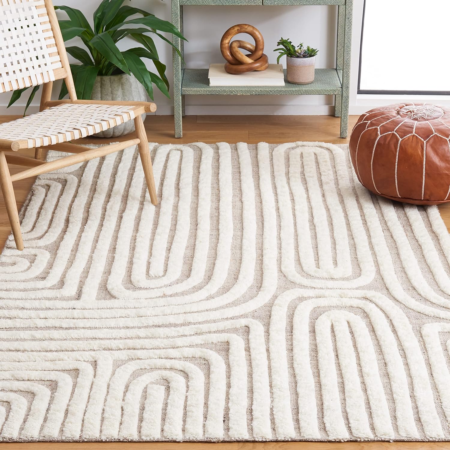 Safavieh mid century modern rug for sale cheap on amazon high quality boho chic retro striped area rug with high low flokati pile wool beige and white cozy decor