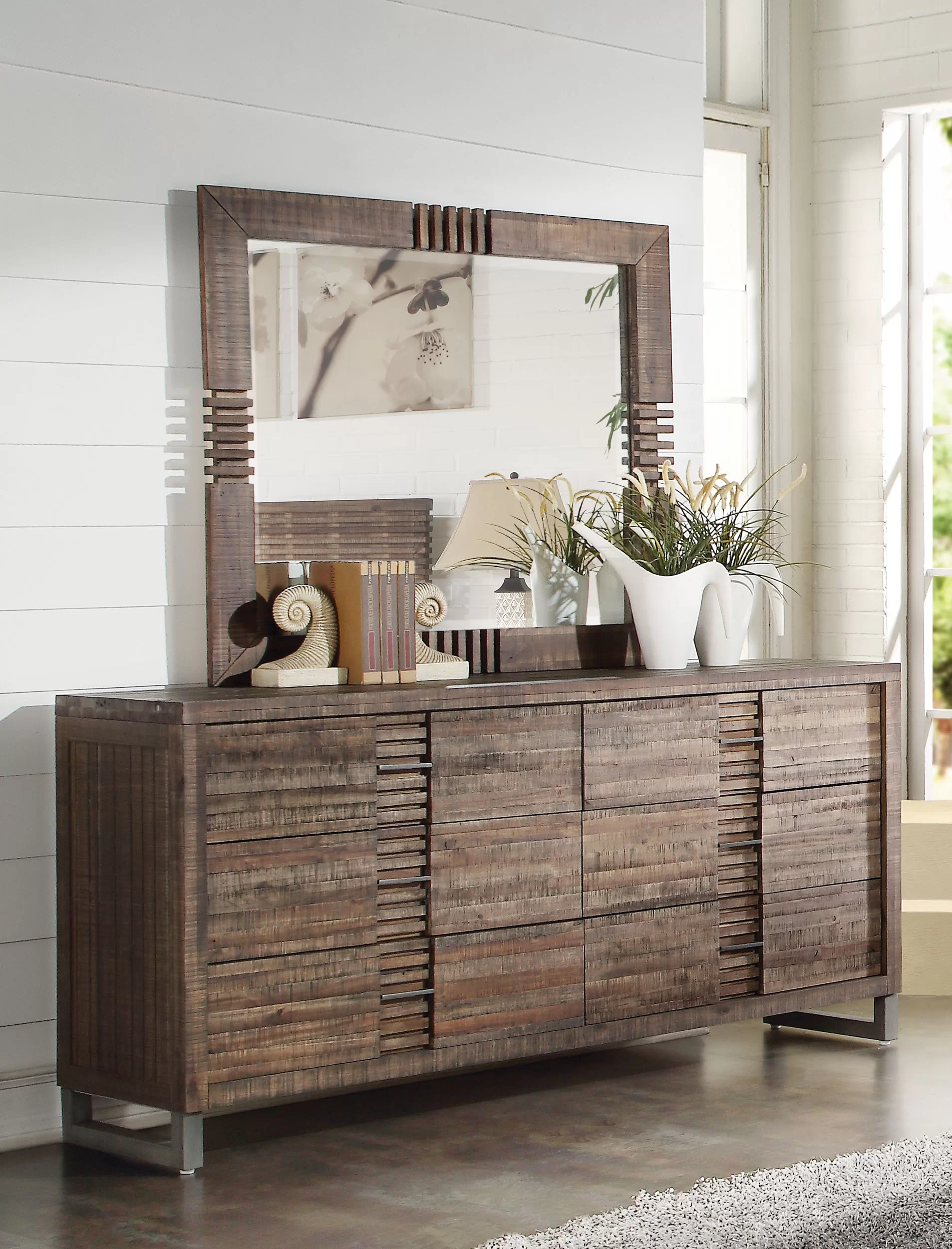 Slatted Dresser With Matching Mirror