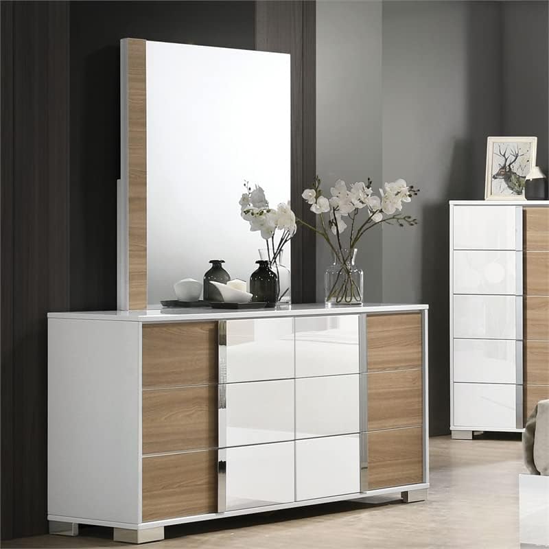 White and Wood 6 Drawer Dresser with a Mirror