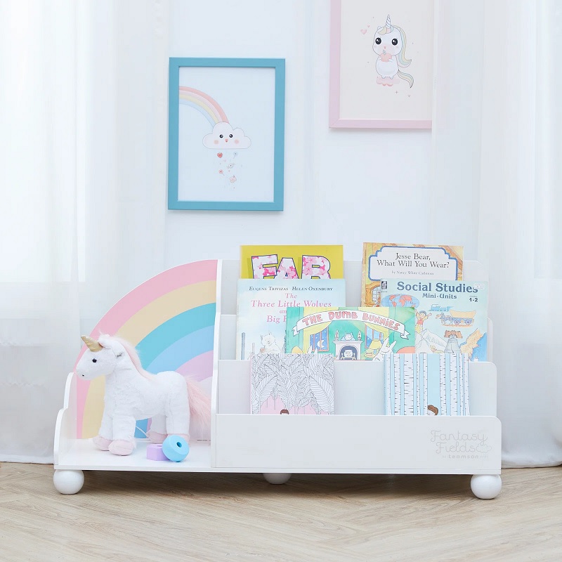 adorable rainbow pastel bookshelf for little girls toddlers ultra low bookshelf for board books display covers storage ideas for pastel themed nursery toddler bedroom decor idea