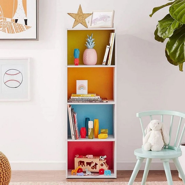 affordable cheap bookshelf for kids room green orange blue and red storage shelves for children's books and reading material multipurpose storage furniture for kids room