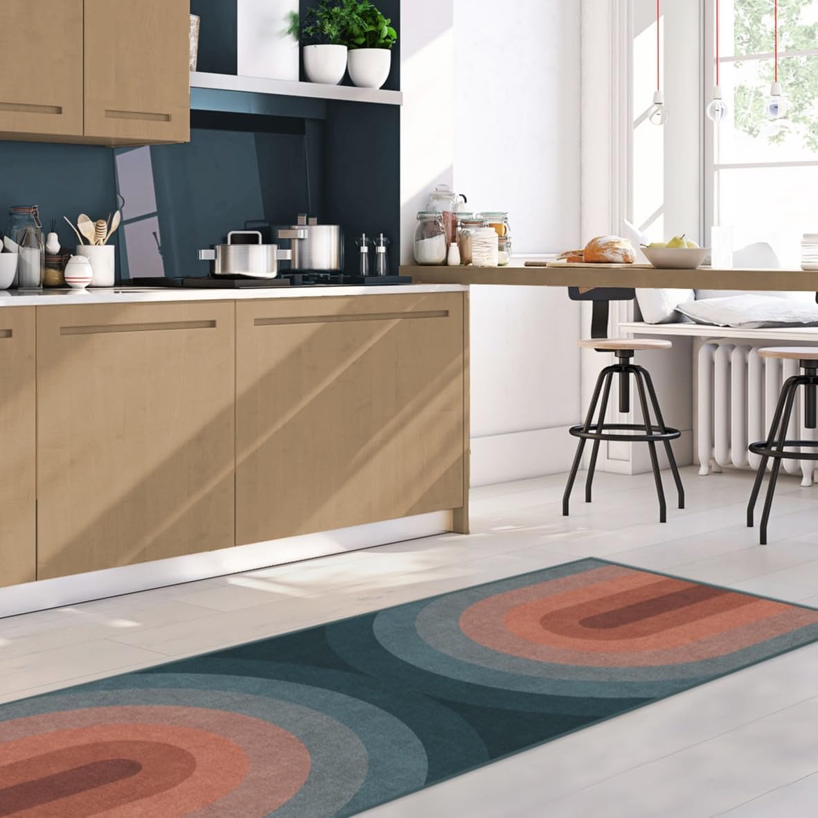 arch pattern mid century modern kitchen rug blue and red arc shapes washable kitchen rugs for sale online affordable amazon hallway entryway floor covering inspiration