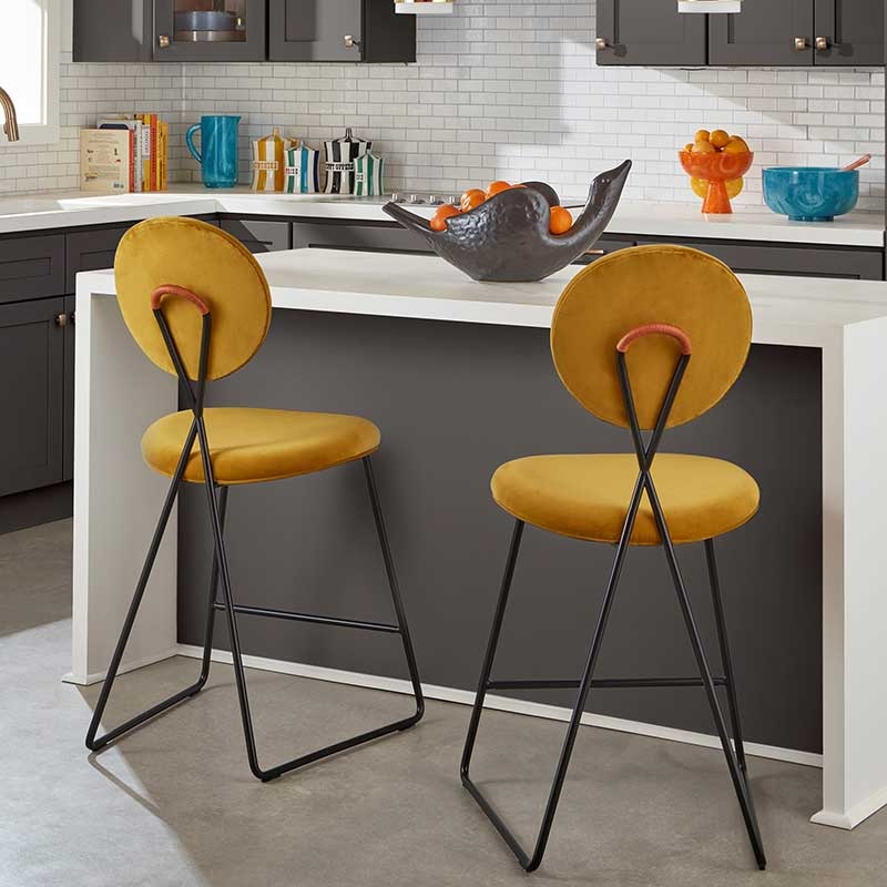 authentic jonathan adler luxury modern bar stools designer furniture for sale online high end expensive glam counter height barstools with yellow upholstery and black base