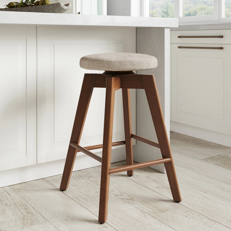 backless mid century modern swivel bar stools with walnut wooden base and taupe fabric upholstery cushioned seat comfortable simple retro furniture for classic kitchen counter