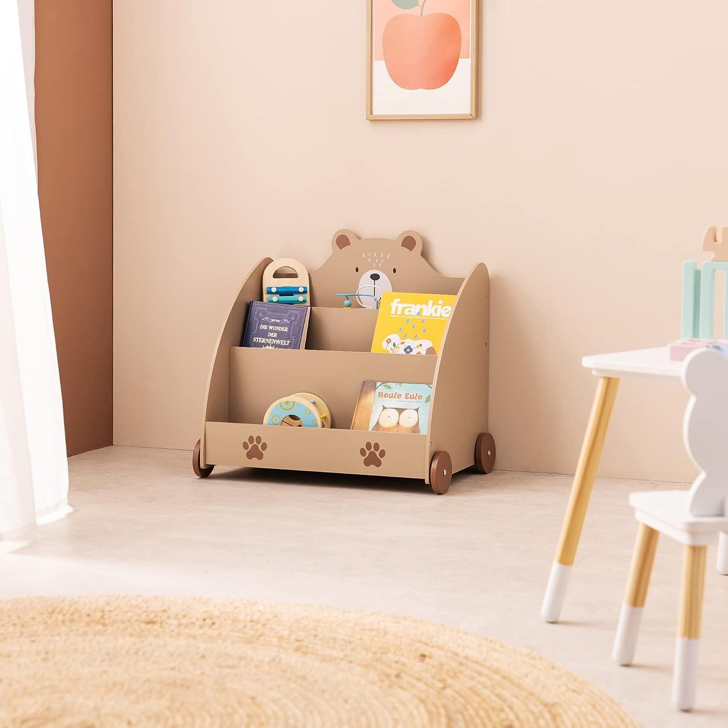 bear shaped brown kids bookshelf with wheels cute book display ideas for animal themed nursery decor ideas and inspiration