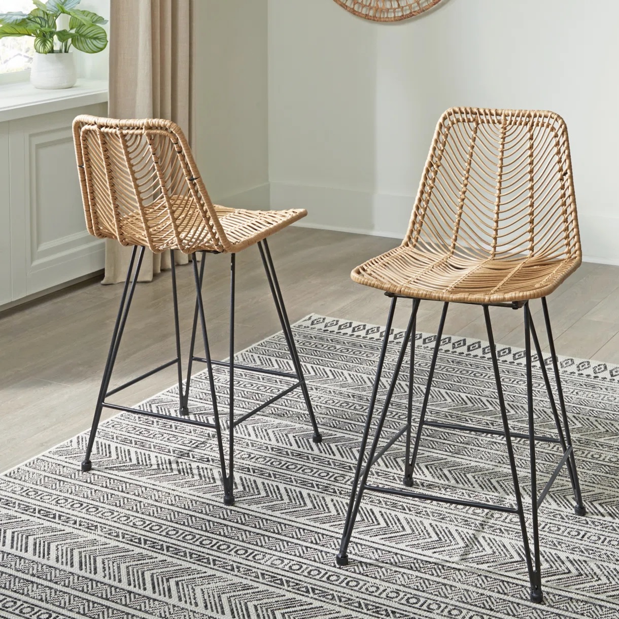 bohemian chic modern rattan bar stools for boho kitchen decor theme inspiration woven wicker seats for counter height tables dining nook family friendly design waterproof stools