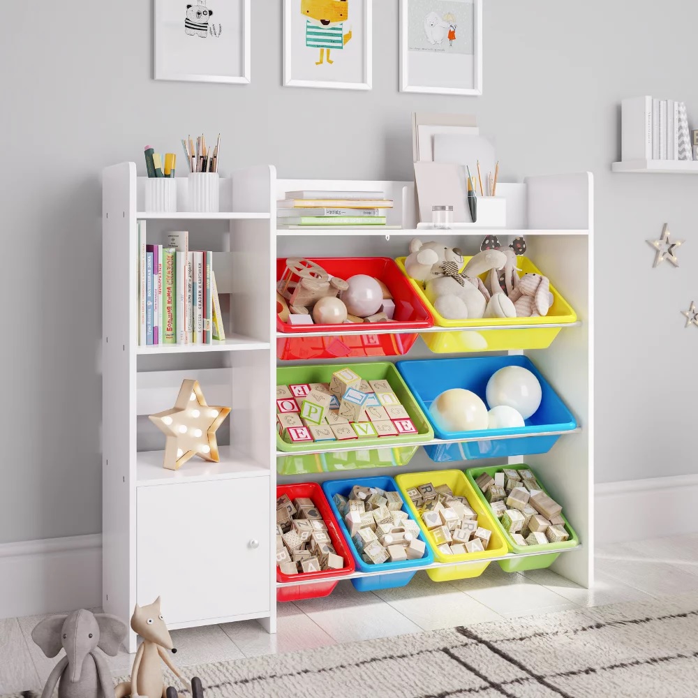 bright multicolor kids bookshelf with storage bins primary colros red blue yellow green plastic organization bins for kids toybox and childrens bookshelf multipurpose furniture