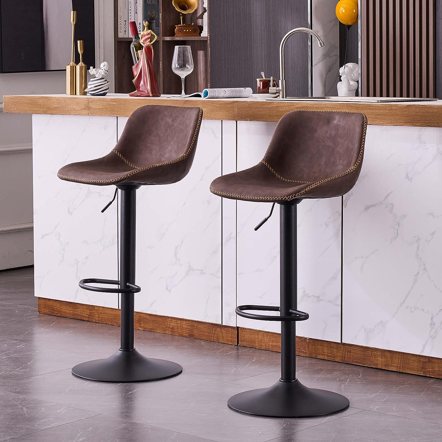 brown faux leather modern industrial bar stools with contrast stitching swivel base adjustable height kitchen seating for rustic industrial decor theme inspiration