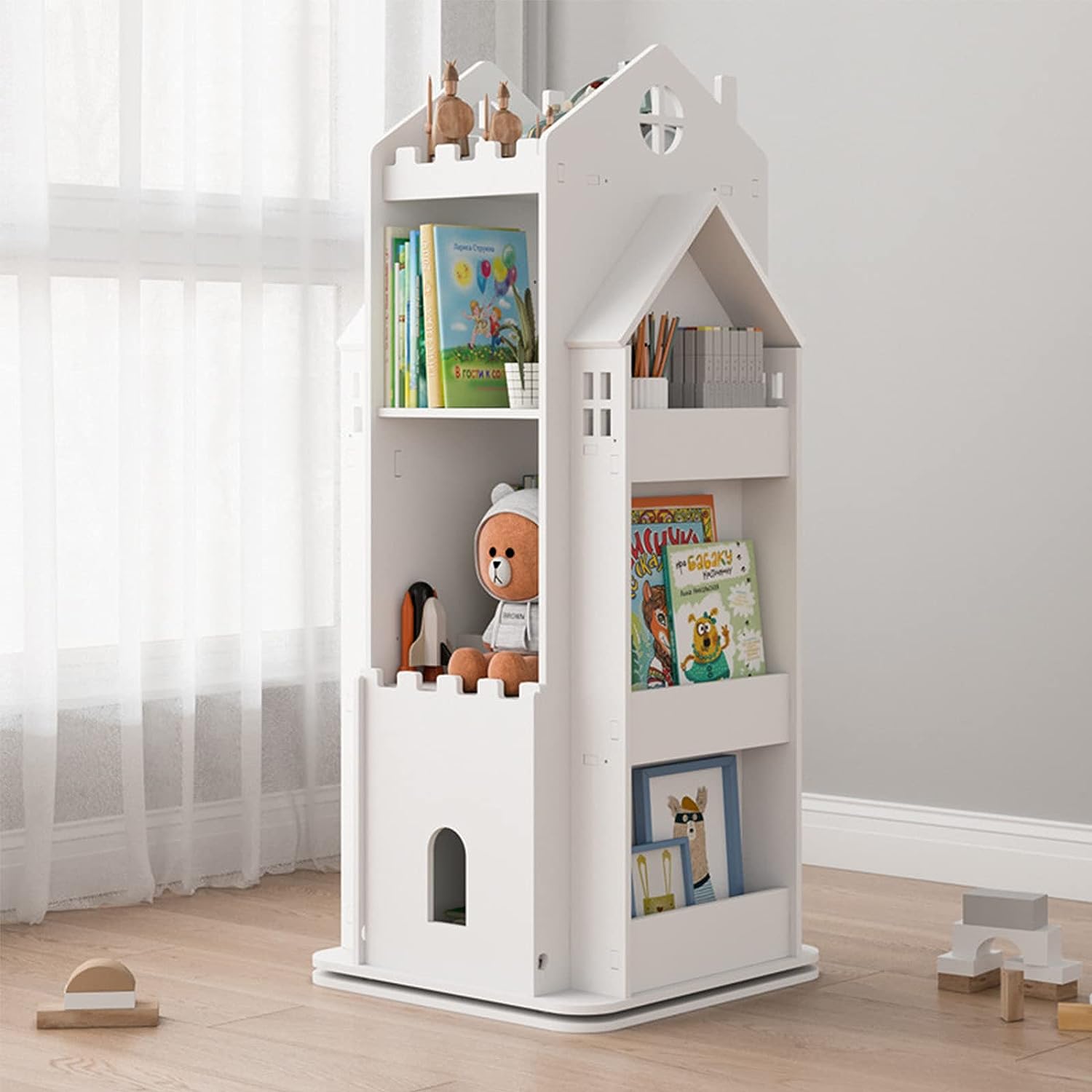 castle shaped kids rotating bookshelf with cubbies and display racks with hidden cabinet unique ways to get kids to read more books creative children's bedroom furniture