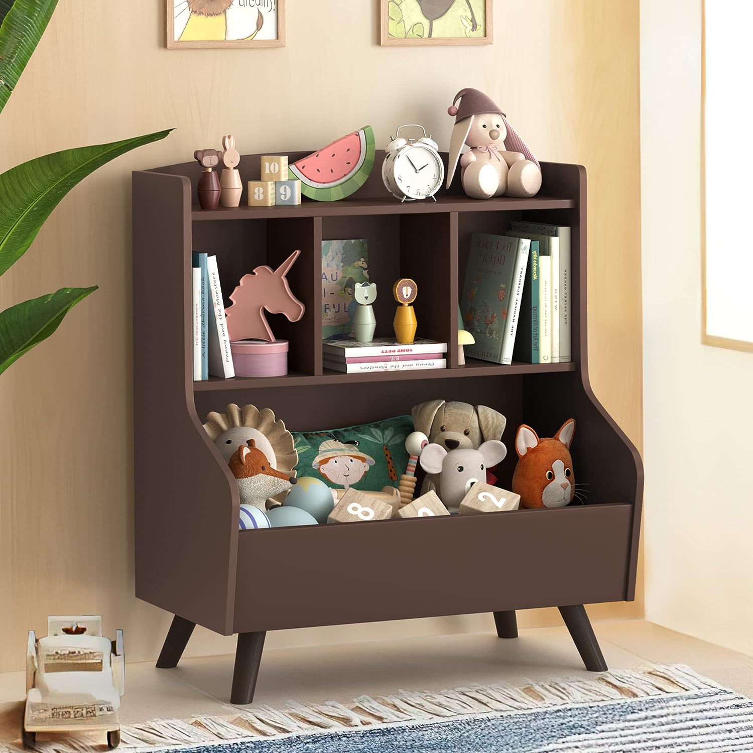 dark brown kids bookshelf and toy storage combination multipurpose storage furniture for children cubby shelves with wide toybox and display mid century modern kids furniture