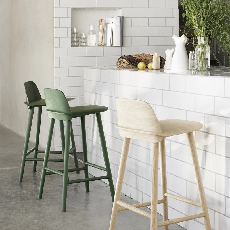 designer modern bar stool for sale online authentic Nerd stools by Muuto scandinavian furniture ideas for kitchen seating inspiration plywood pastel barstools solid wood base