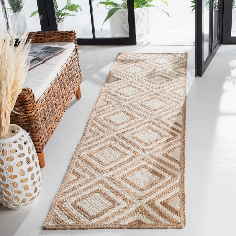 diamond pattern rug mid century modern runner woven from jute natural materials for MCM interior decor theme jute rugs for entryway decor inspiration beige and ivory