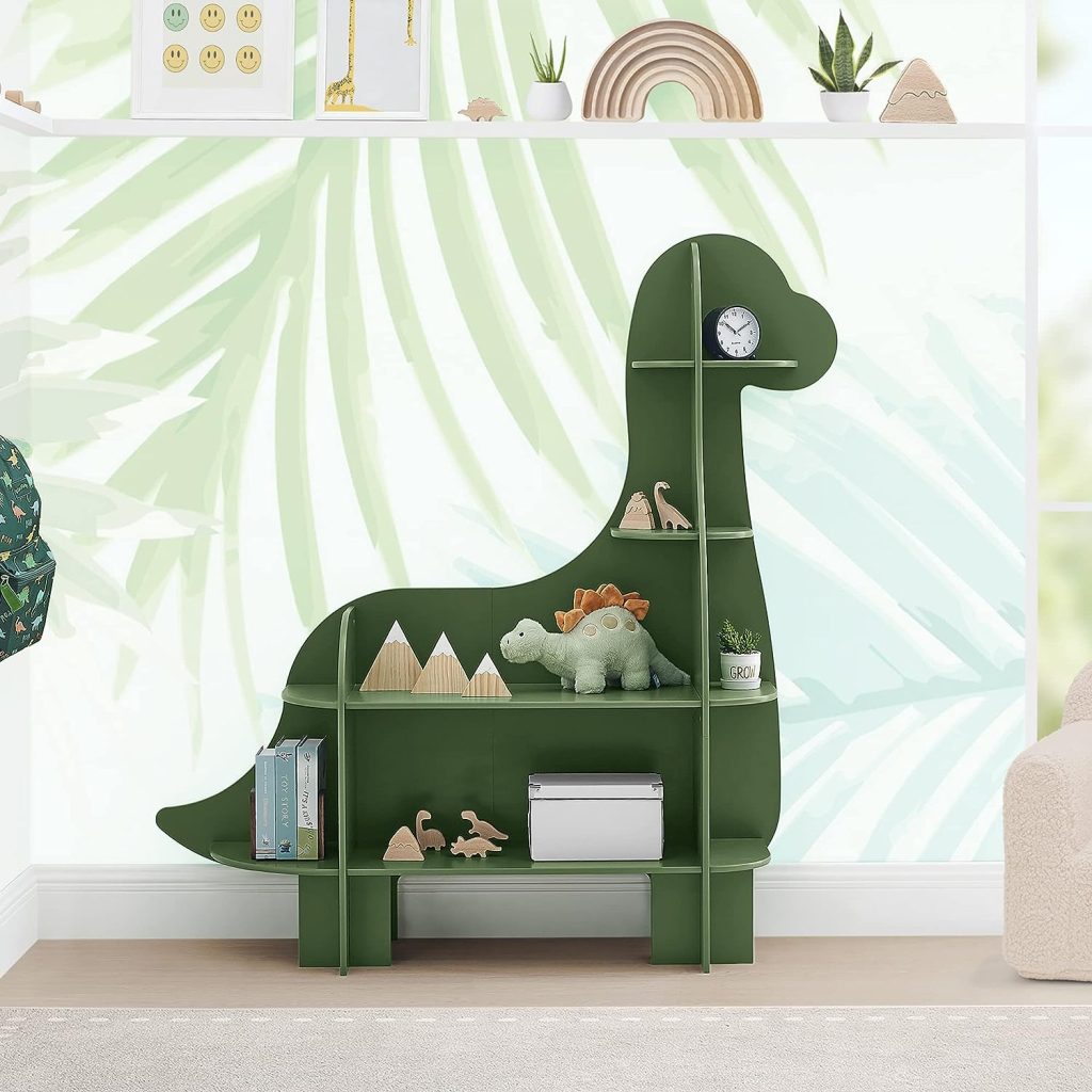 dinosaur kids room bookshelf green finish non toxic paint creative bookcase ideas for young children dino themed decor inspiration for boys and girls display shelves for books