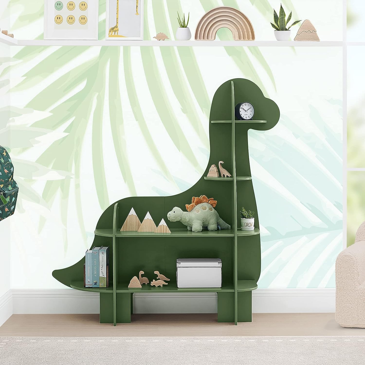 dinosaur kids room bookshelf green finish non toxic paint creative bookcase ideas for young children dino themed decor inspiration for boys and girls display shelves for books