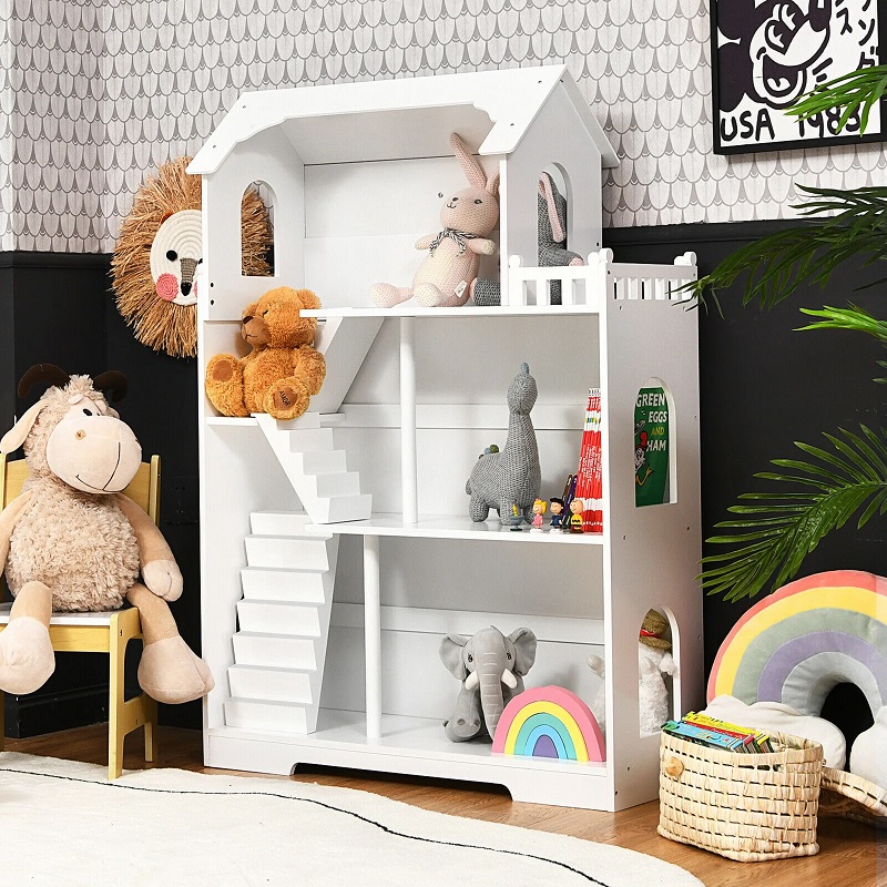 dollhouse shaped kids white bookshelf with stairs combination bookcase and doll playset combo cute three tier decorative bookcase for children's reading nook imagination boosting