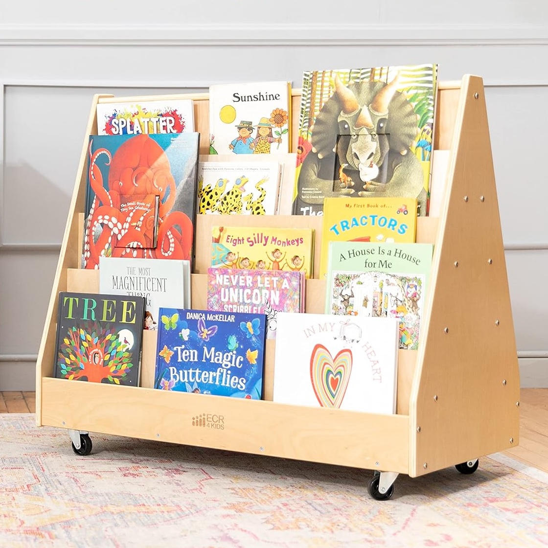 double sided kids wooden bookshelf with rolling casters spacious storage solution for kids with lots of books creative classroom quality wooden book cart display shelving