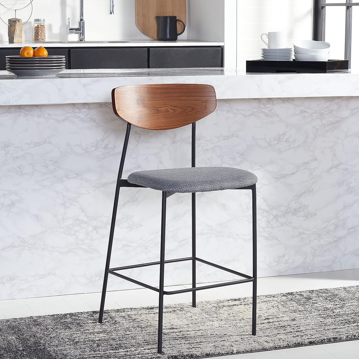 easy to coordinate counter height modern bar stool with grey upholstered cushioned seat and bentwood walnut backrest mid century decor inspiration for kitchens