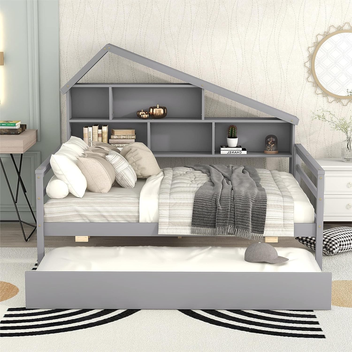 grey kids bookshelf beds for sale online house shaped headboard on the side includes trundle bed how to encourage children to read at bedtime