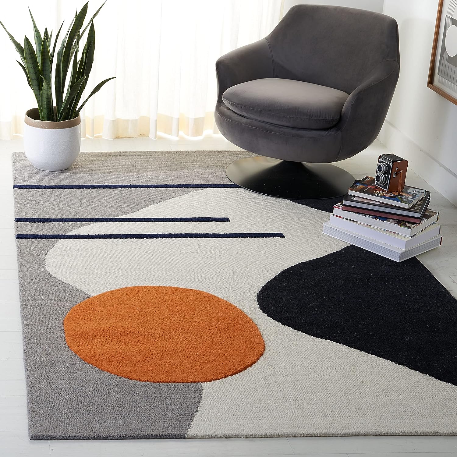 grey white black and orange mid century modern abstract rug with unique geometric pattern artistic living room rugs for sale cheap on amazon high quality comfortable