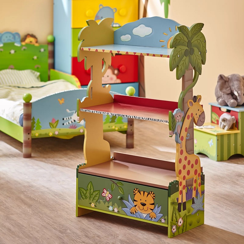 jungle themed kids bookshelf ideas with giraffe and monkey tiger butterfly zebra stripe bookcase for children's bedroom nursery storage furniture inspiration cute animal theme zoo