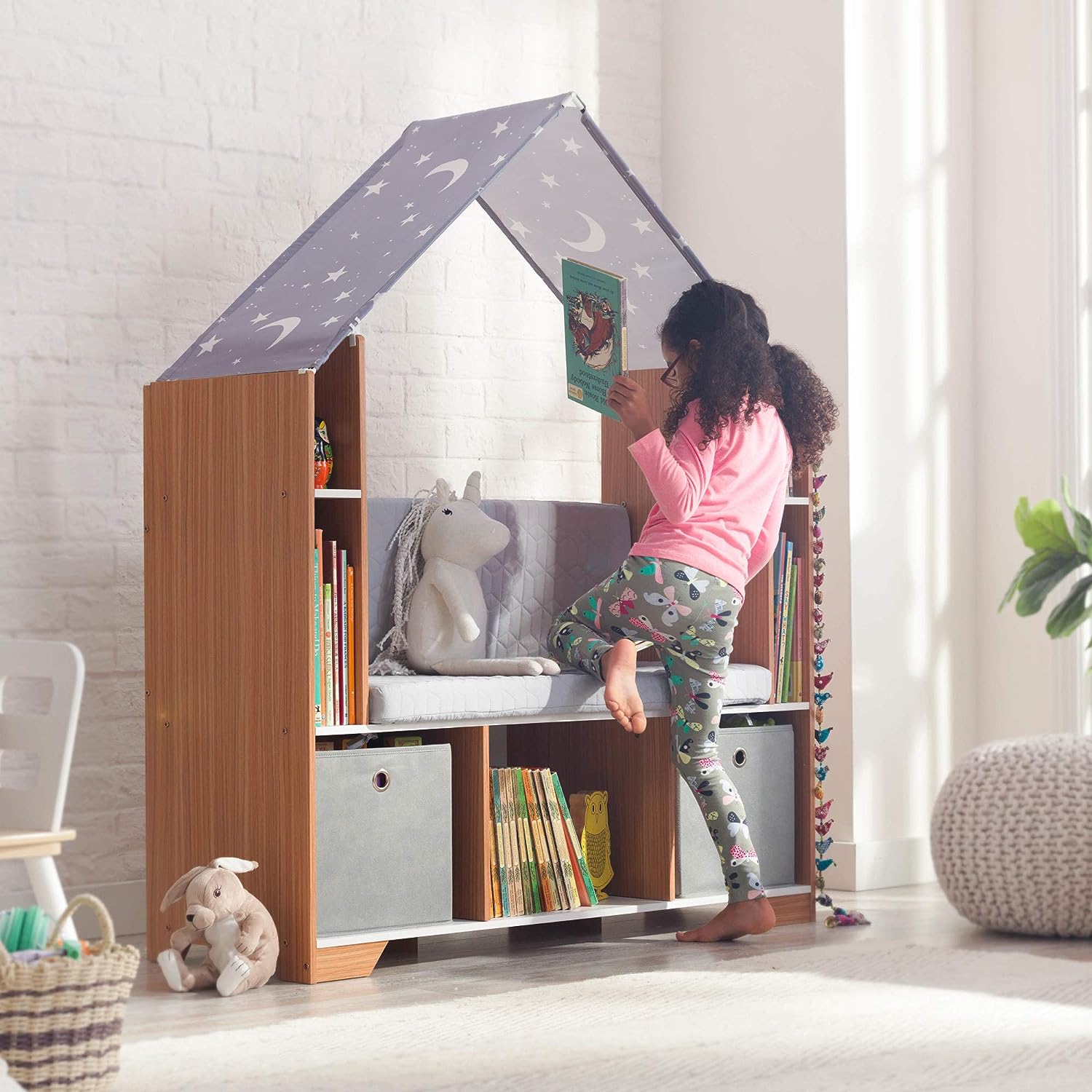 large house shaped kids bookshelf with reading nook built in storage solution and playhouse space for young children encourage reading ideas and inspiration