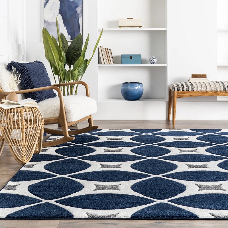 large scale pattern area rug mid century modern funky living room decor ideas for retro theme plush comfortable rug stain resistant blue and white starburst pattern