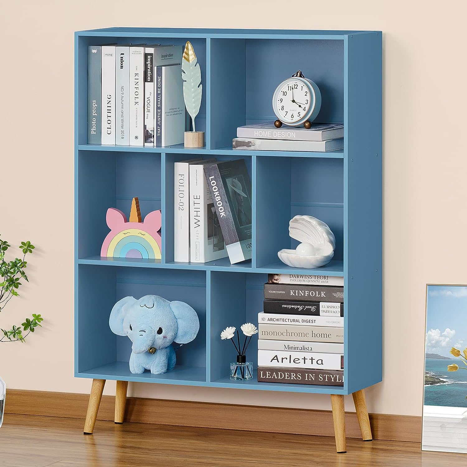 light blue modern kids bookshelf with splayed wooden legs colorful scandinavian children's bedroom furniture for sale online affordable cheap low bookcase with cubbies